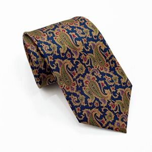 Brioni Tie Paisley Navy Blue Tan 100% Silk Handmade 60" Italy Luxury Designer